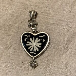 Brighton Silver Heart pendant with Black and White Floral Design